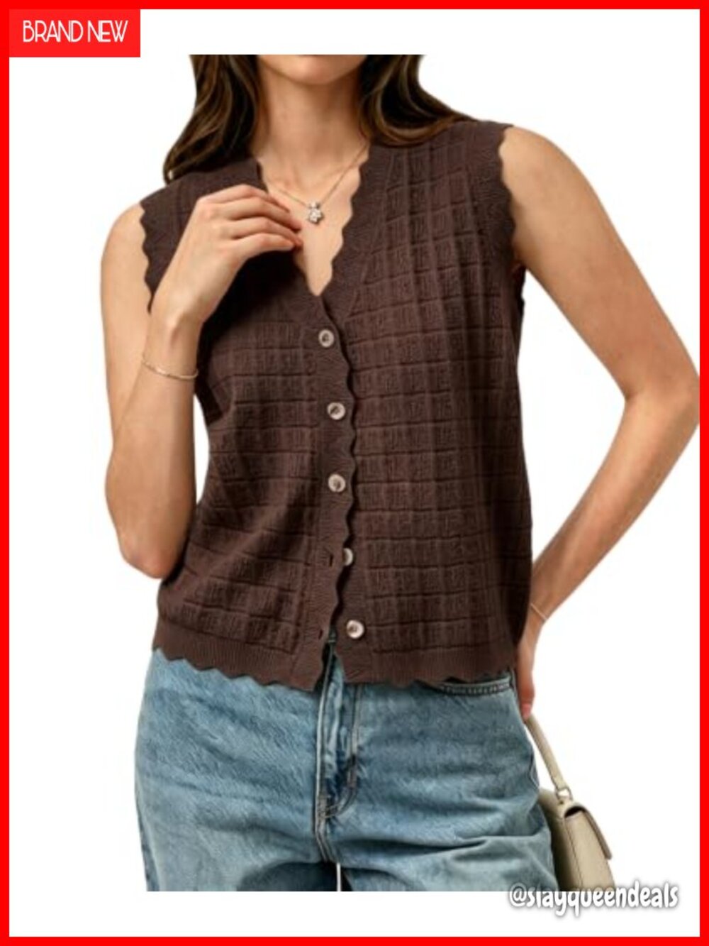 Waffle Knit Sweater Vest Button Up V-Neck Sleeveless Top